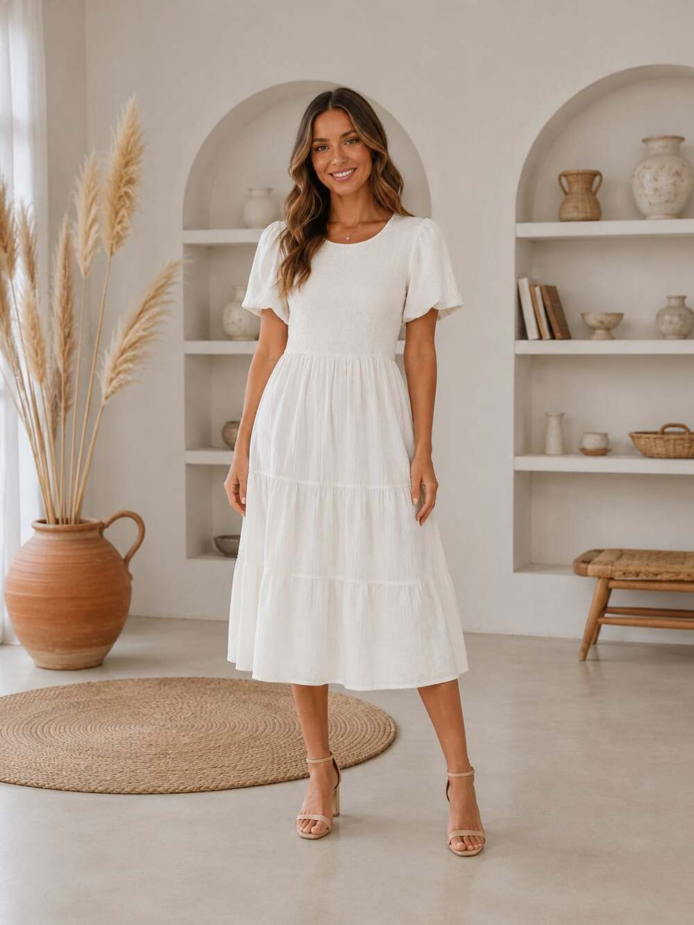 Downeast Cream Smocked Tiered Midi Dress Size L Cottagecore